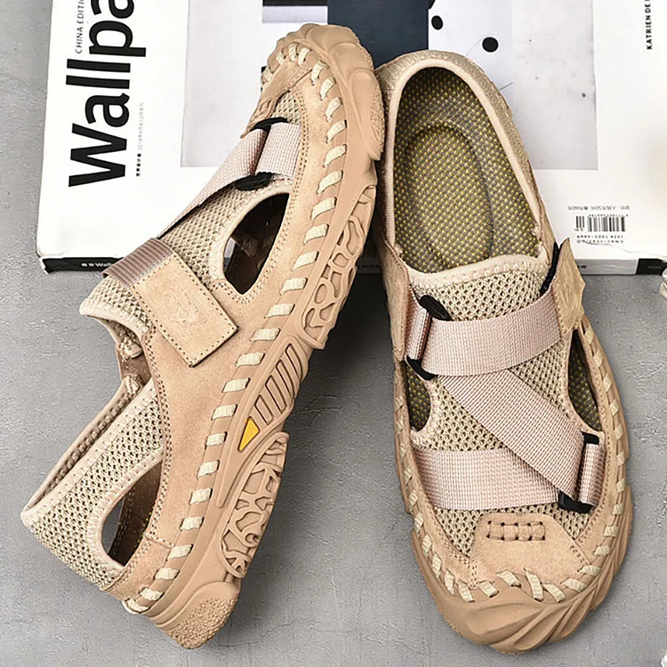 Cut Out Mesh Faux Leather Patchwork Stitching Hook And Loop Beach Casual Sandals