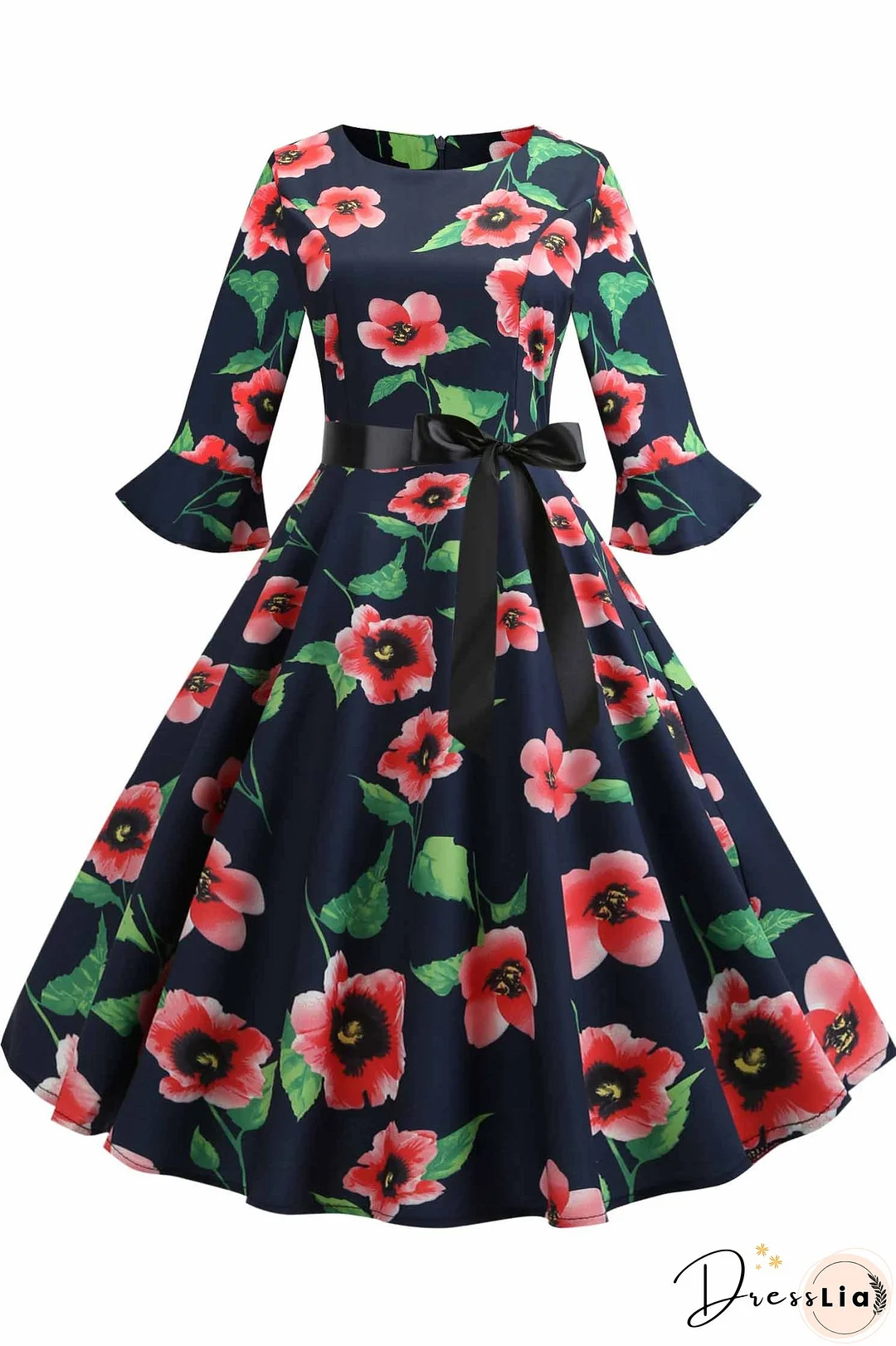 Floral Print Boatneck A-line Dress