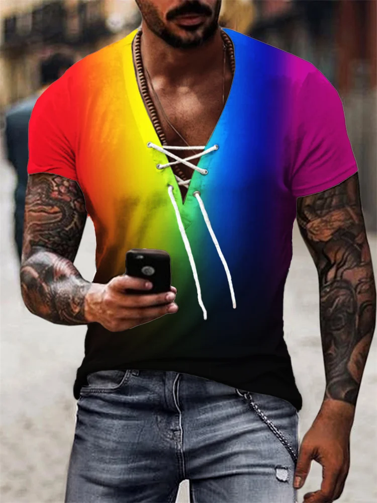 BrosWear Men's Rainbow Gradient Lace Up T Shirt