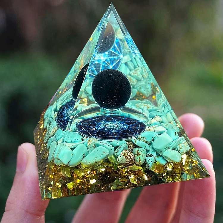 Natural Obsidian With Turquoise Healing Orgone Pyramid