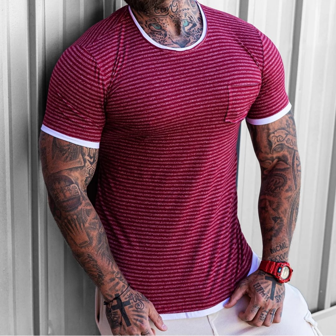 Men's Slim Fit Striped Print T-Shirt、、URBENIE