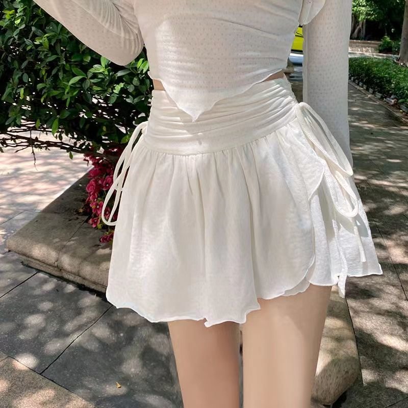 HOUZHOU Sexy Cute White Mini Skirt Women Drawstring Folds High Waist Irregular Ruffle Patchwork Fairycore Short Skirts Mori Girl