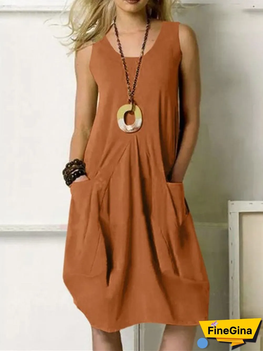 Women'S Dresses Casual Solid Sleeveless Pocket Dress