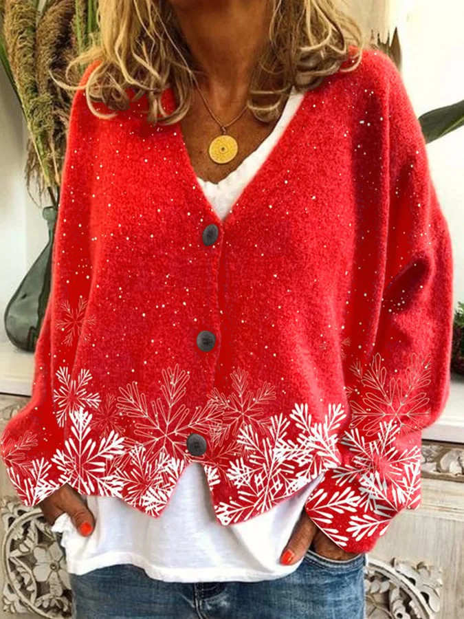 Women's Christmas Printed Loose Flannel Cardigan
