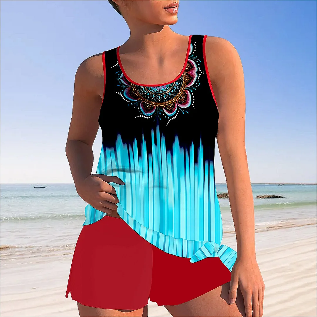 Bowknot Vinatge,Green,Black Mid Waisted Tankini Set - Plus Size Available