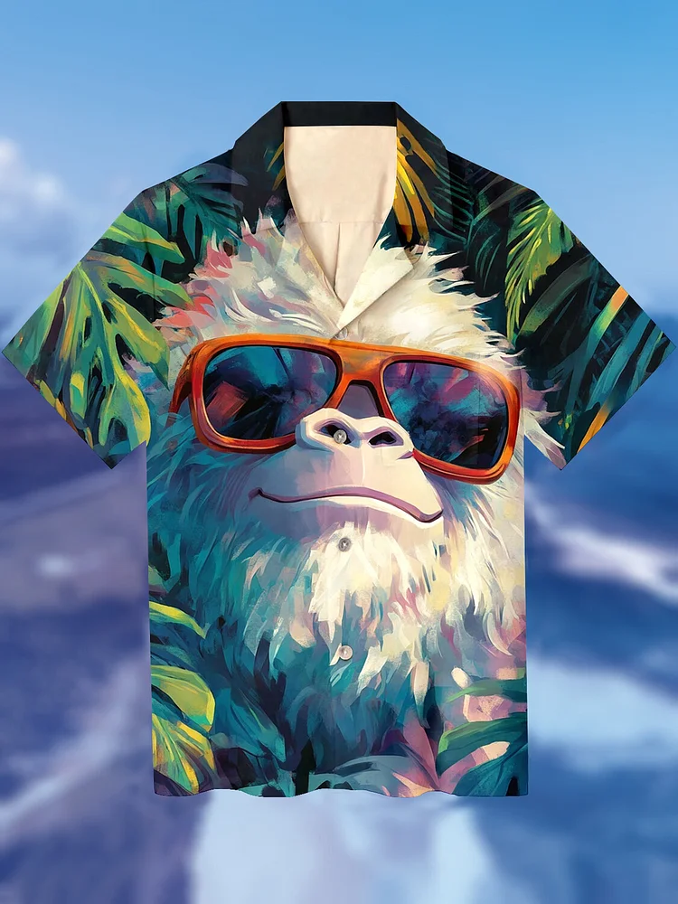 Men's Orangutan Tropical Floral Hawaiian Vacation Print Short Sleeve Shirt
