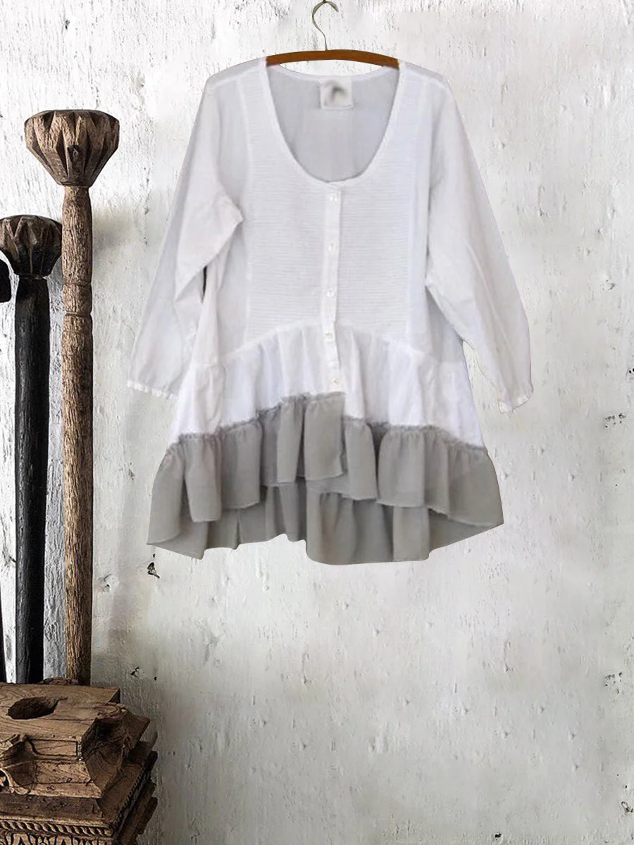 Womens Solid Color Scoop Neck Layered Ruffled Hem Casual Tee