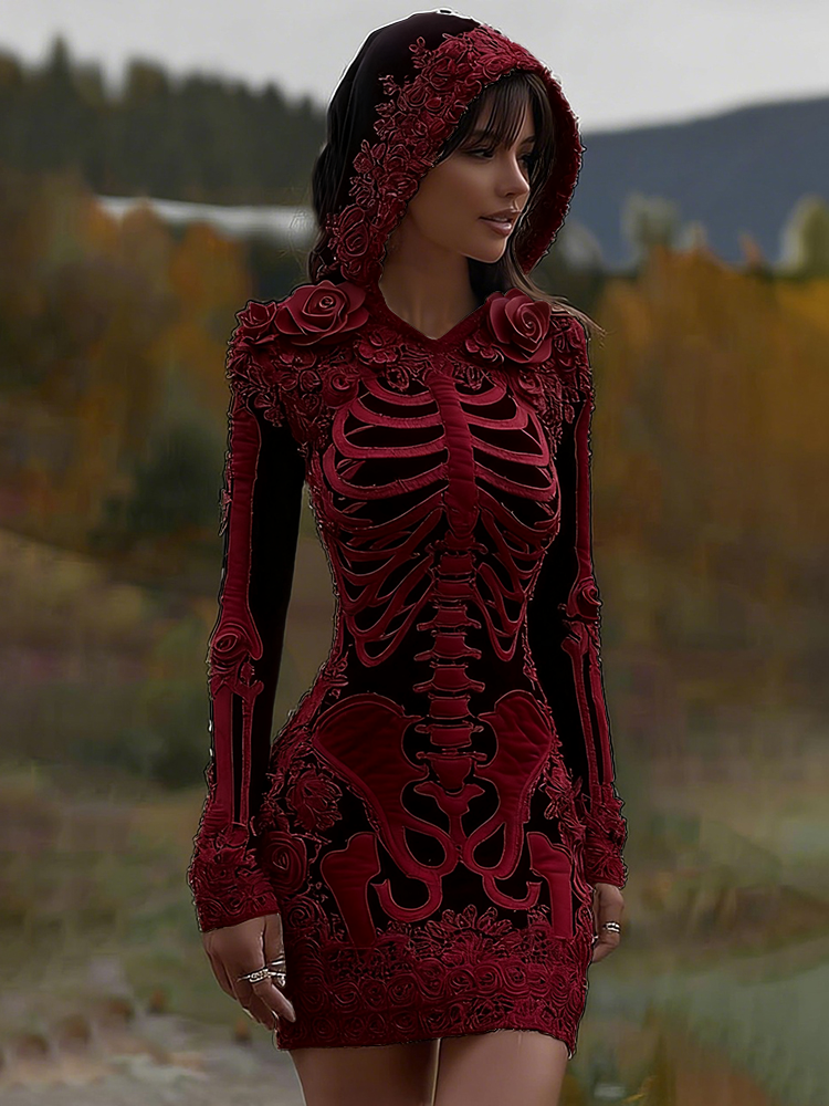 Women's Vintage Halloween Skeleton Bones With Rose Art Cozy Knit Hooded Sweater Dress artswardrobe