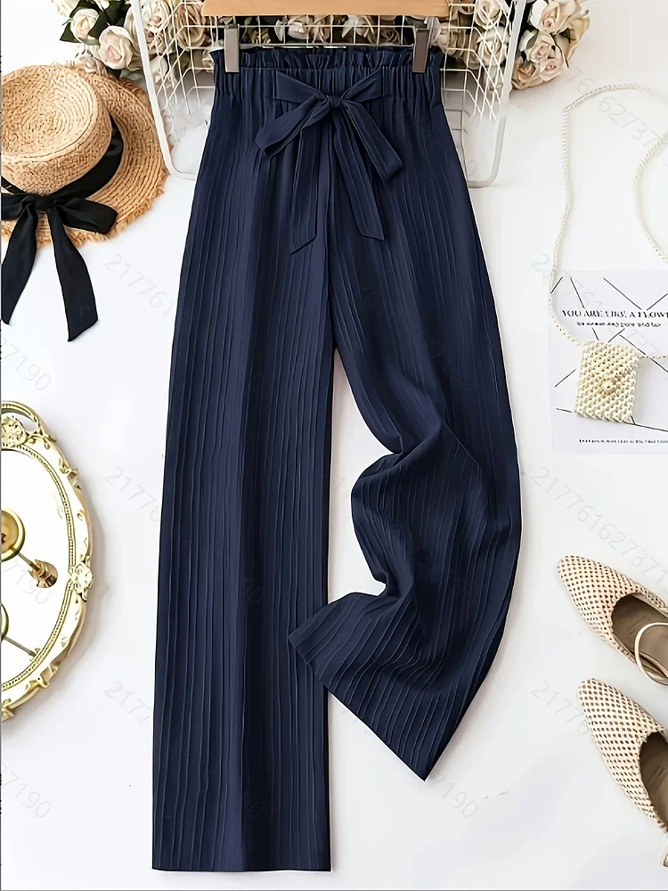Women's Stylish Wide-Leg Purple Pants - Casual All-Season, Solid Color, Elegant Ribbed Design With Waist Tie, Perfect For Casual Attire, Casual Attire Pants | Ribbed Texture Pants | Waist Tie Detail