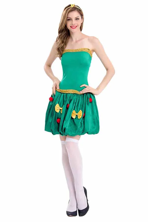 Womens Sexy Off Shoulder Dress Christmas Tree Santa Elf Costume Green-elleschic