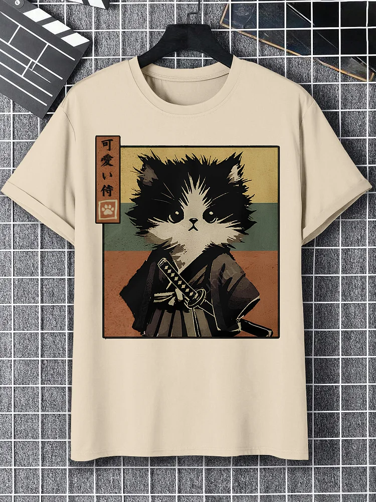 Men's Cute Cat Samurai Illustration Print Cotton Casual T-Shirt