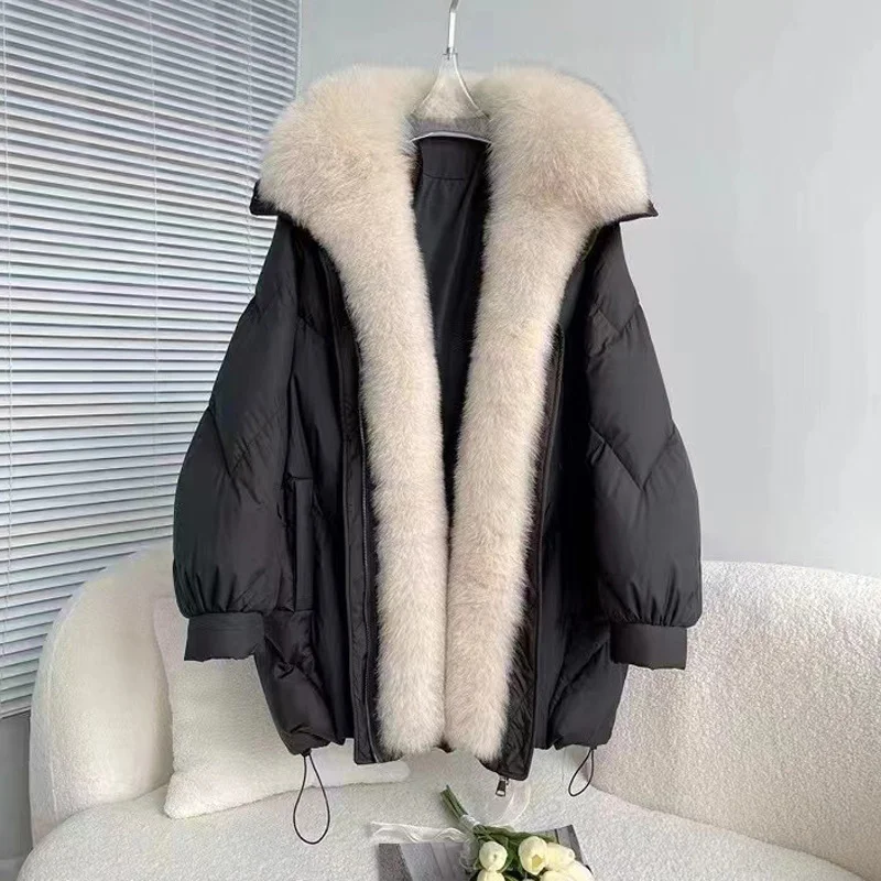Woherb The New Winter 2024 Oversized Fox Fur Collar Loose Versatile Goose Down Female Long Style To Overcome The Coat Tide-Outfit Ideas