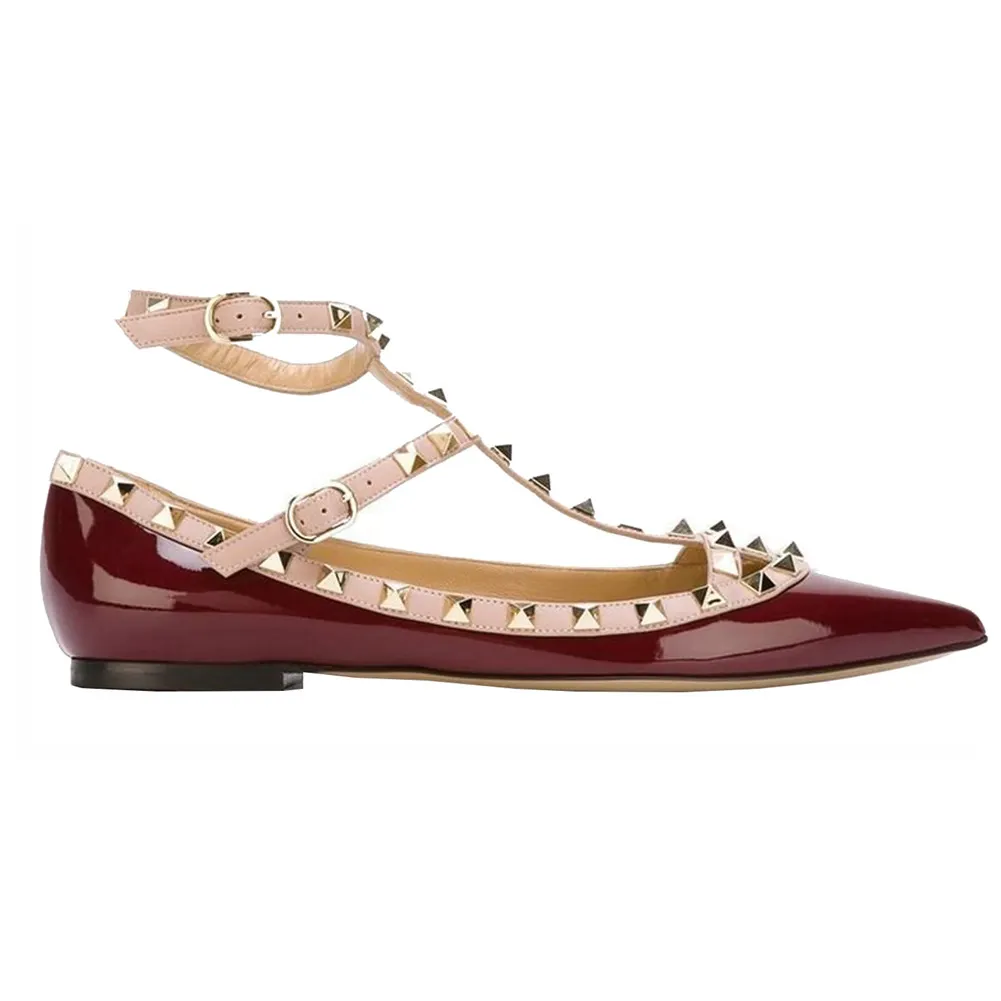 Women's Flats Rivets Rockstud Daily Pointed Toe Ballet Wine Patent Shoes-vocosishoes