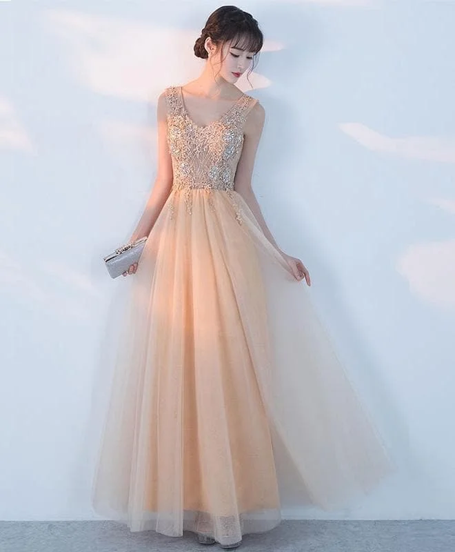Champagne Lace Tulle Long Prom Dress, Champagne Formal Dress