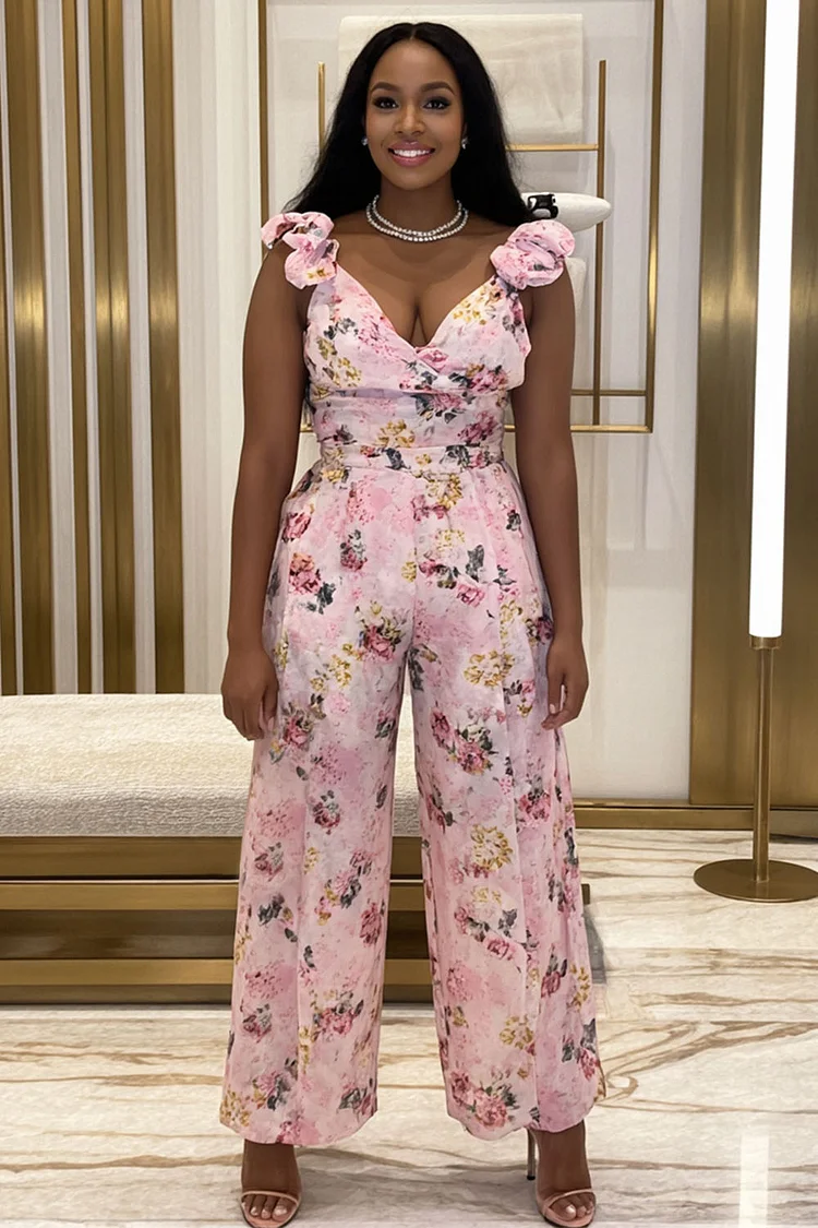 V Neck Rosette Floral Print Cinched Party Wide Leg Jumpsuit-Pink [Pre Order]