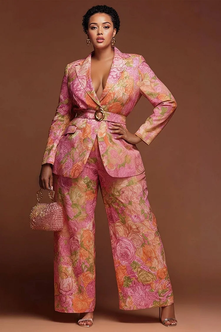 Xpluswear Design Plus Size Formal Pink Floral Turndown Collar Long Sleeve Pocket Satin Two Piece Pant Suits [Pre-Order] 2024 - Xpluswear