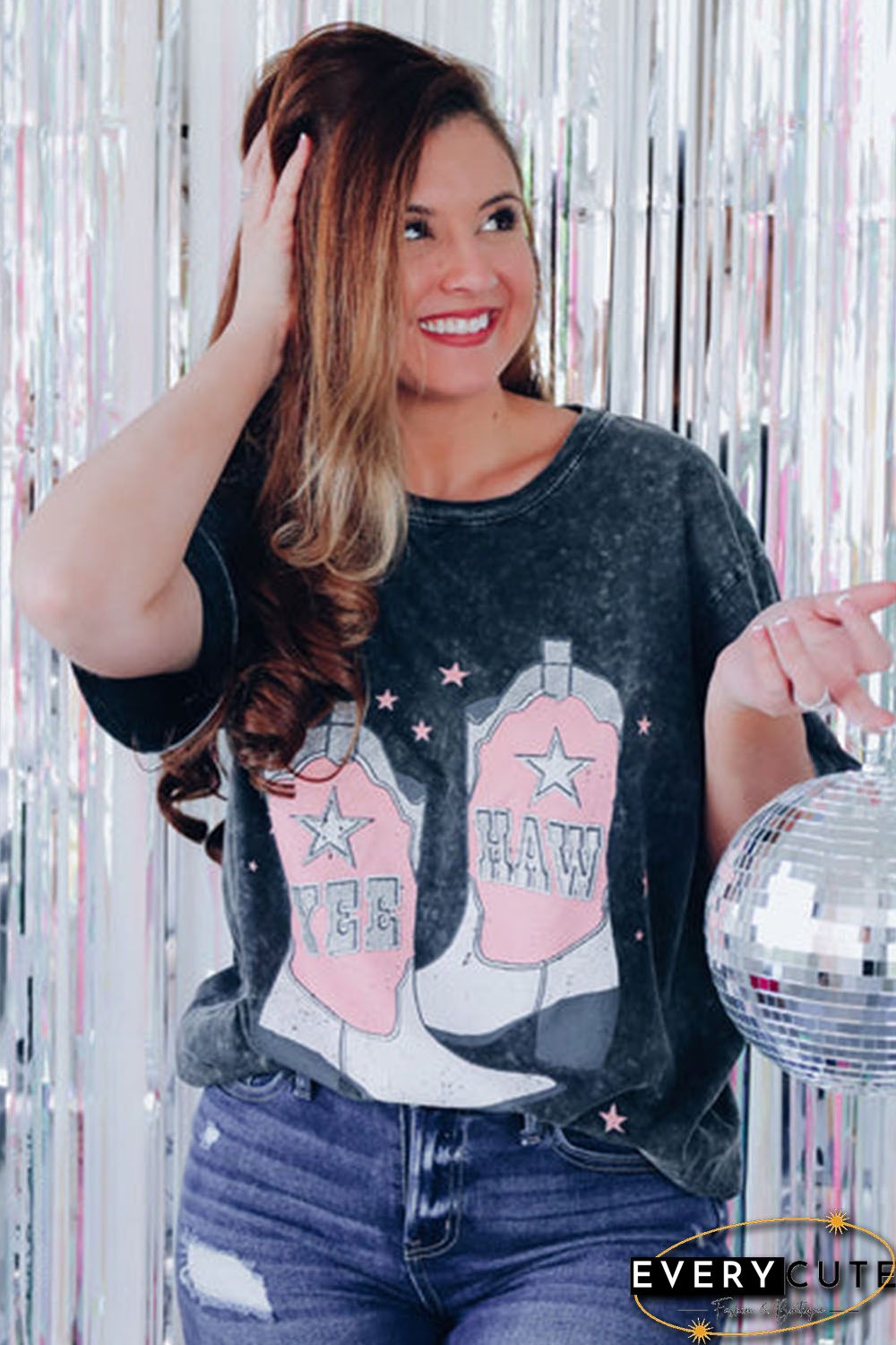 Black YEE HAW Boots Graphic Acid Wash Short Sleeve Top