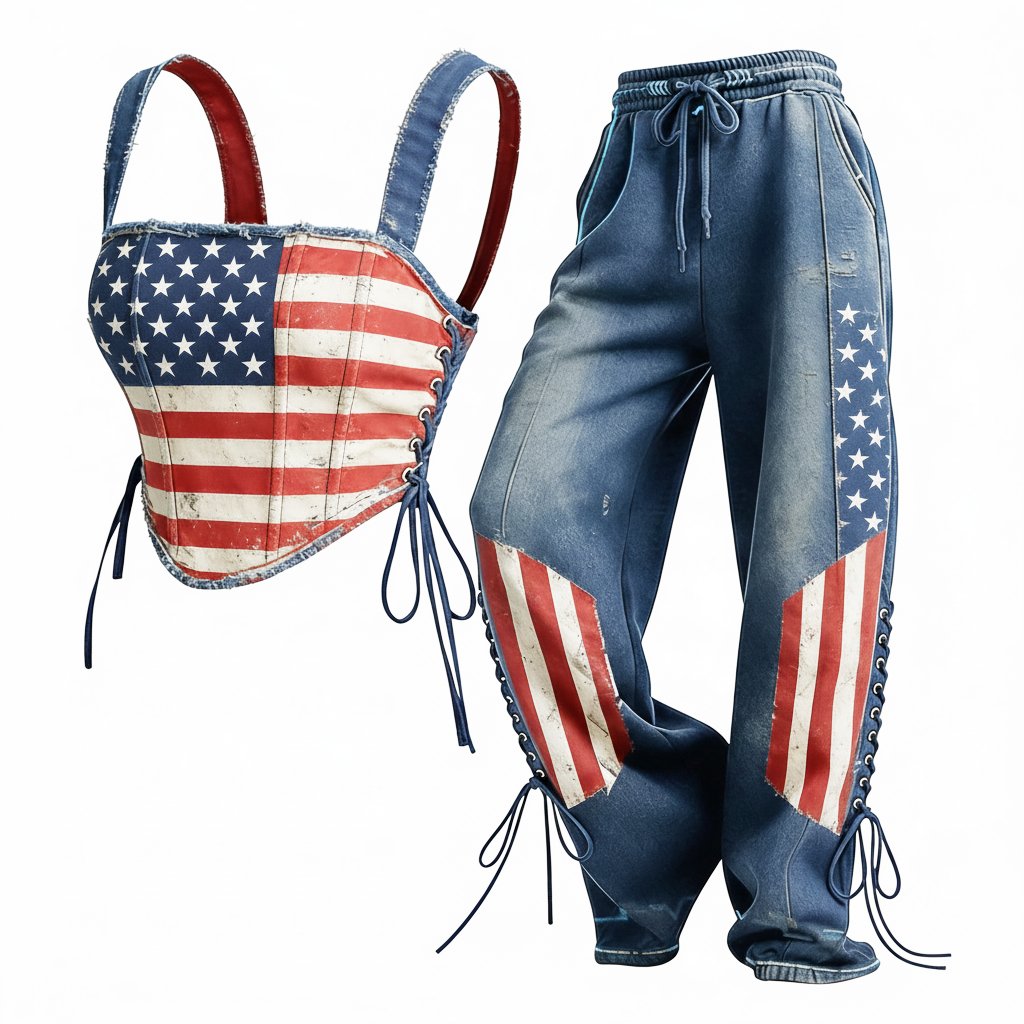 American Street Style Flag Patchwork Denim Corset Top + Drawstring Wide-leg Pants - Helixace