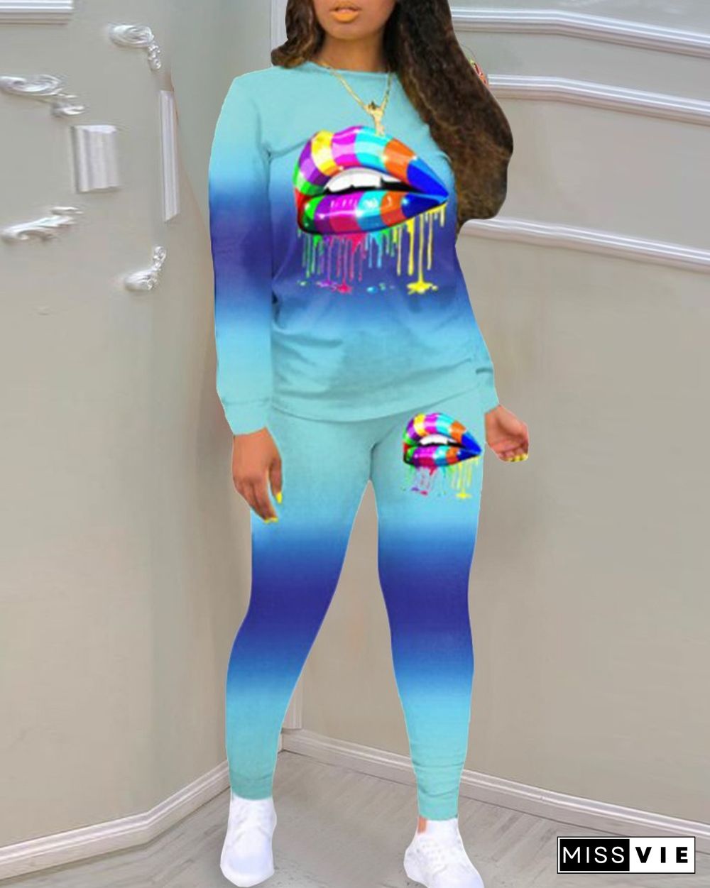 Gradient Color Block Lip Print Long Sleeve Active Sets