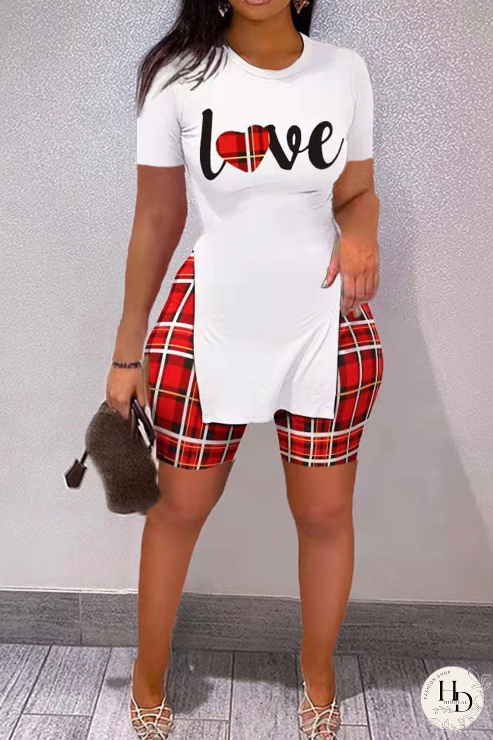 Brown Casual Print Patchwork Slit O Neck Short Sleeve Two Pieces