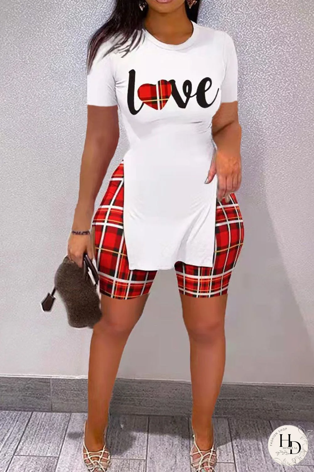 Brown Casual Print Patchwork Slit O Neck Short Sleeve Two Pieces