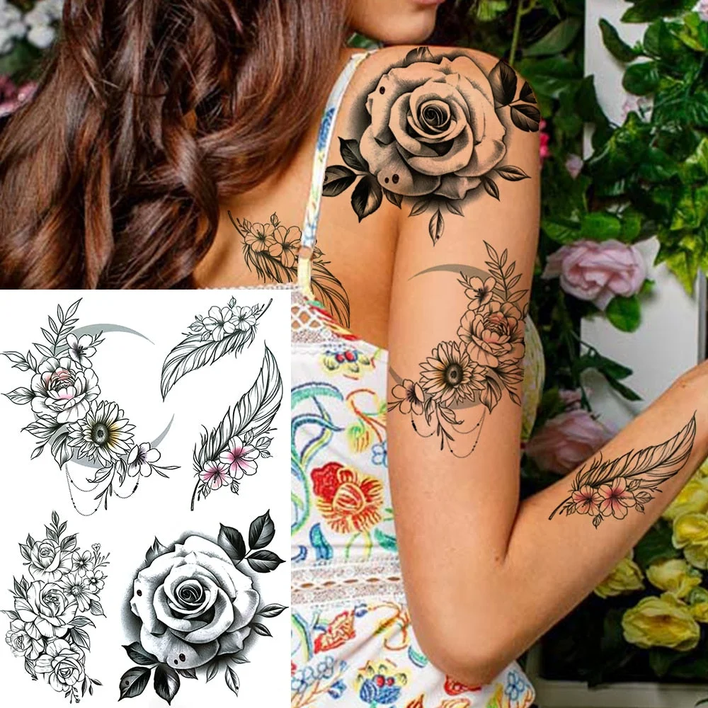 Bird Flower Temporary Tattoos For Women Adults Fake Feather Fox Wolf Tattoo Sticker Geometric Hummingbirds DIY Tatoos Realistic