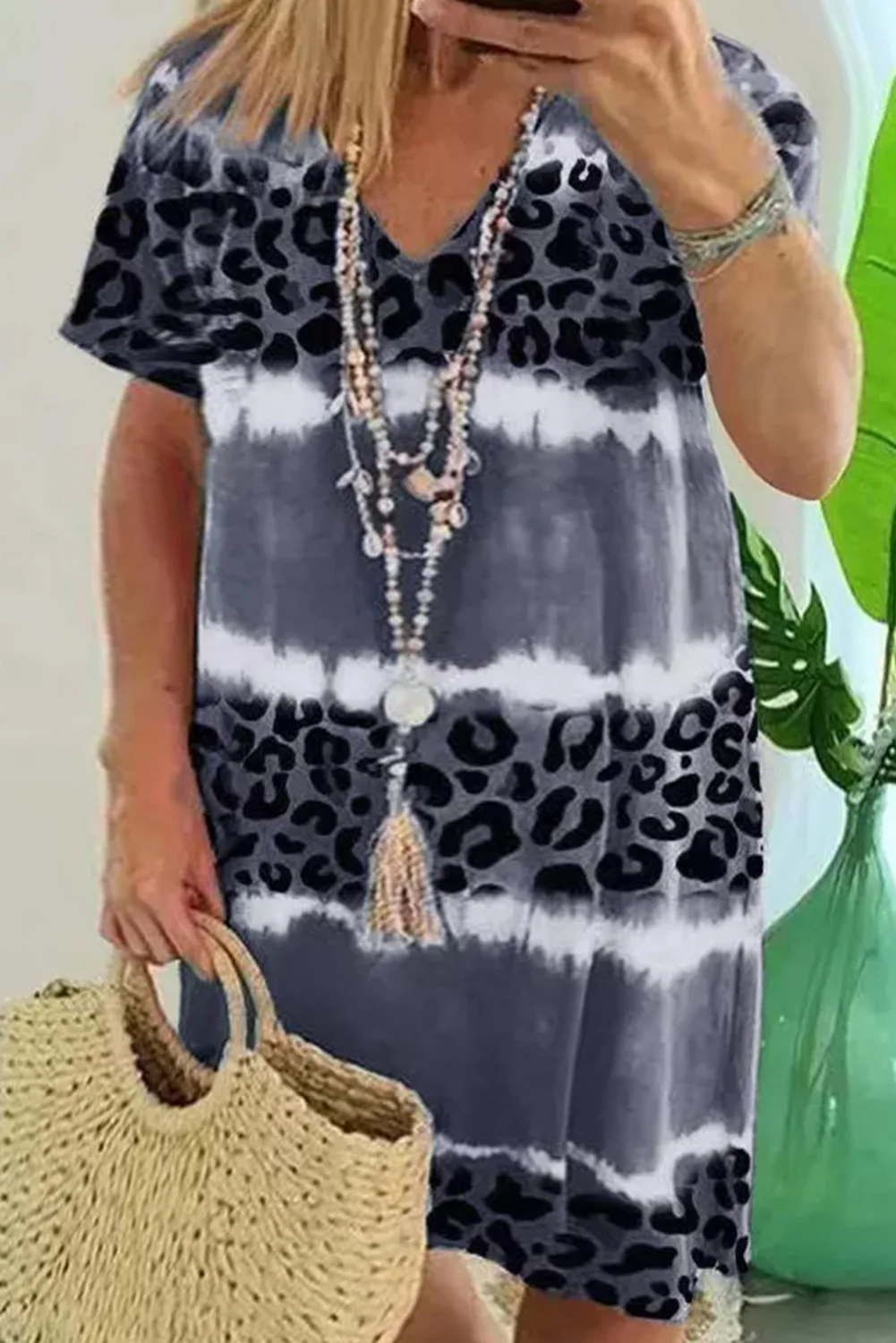 Leopard Color Block V Neck Plus Size T Shirt Dress | IFYHOME