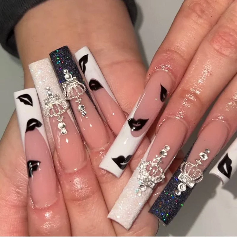 24Pcs Long Ballet Black White Lip Print False Nails With Glue Crown Rhinestone Decoration Design Press On Nails Manicure Tips