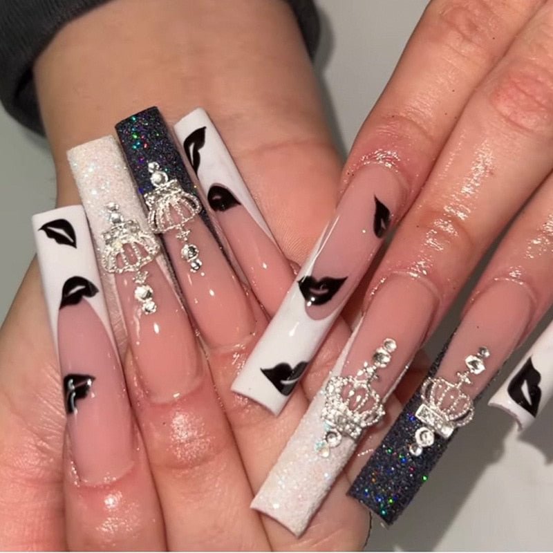 24Pcs/Box Fake Nails with Design Black White Crown charms Extra Long Ballet Removable Nail Tips Full Cover Acrylic Coffin Nails