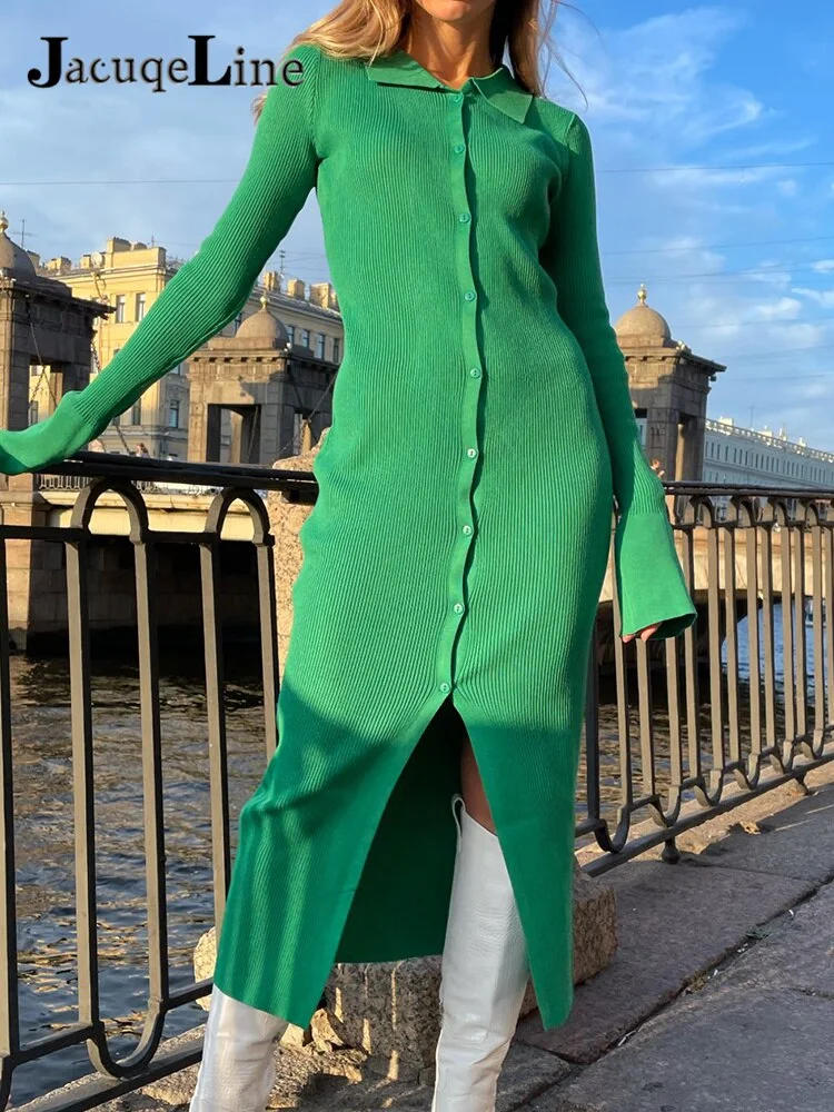 JacuqeLine Winter 2021 Green Evening Party Christmas Dresses For Women Clothing Knitted Sweater Split Sexy Bodycon Maxi Dress