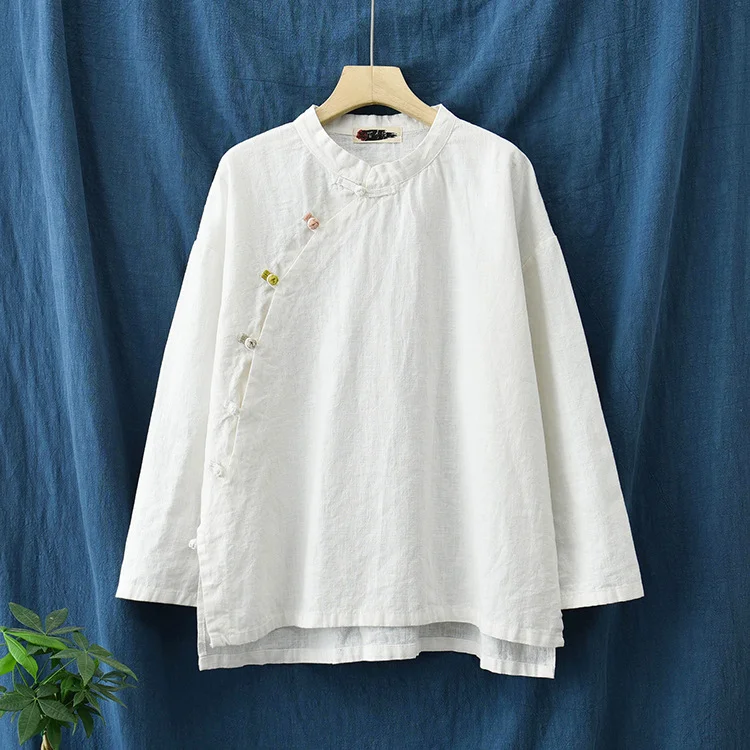 Vintage Cotton Linen Button Long Sleeve Blouse - yankia