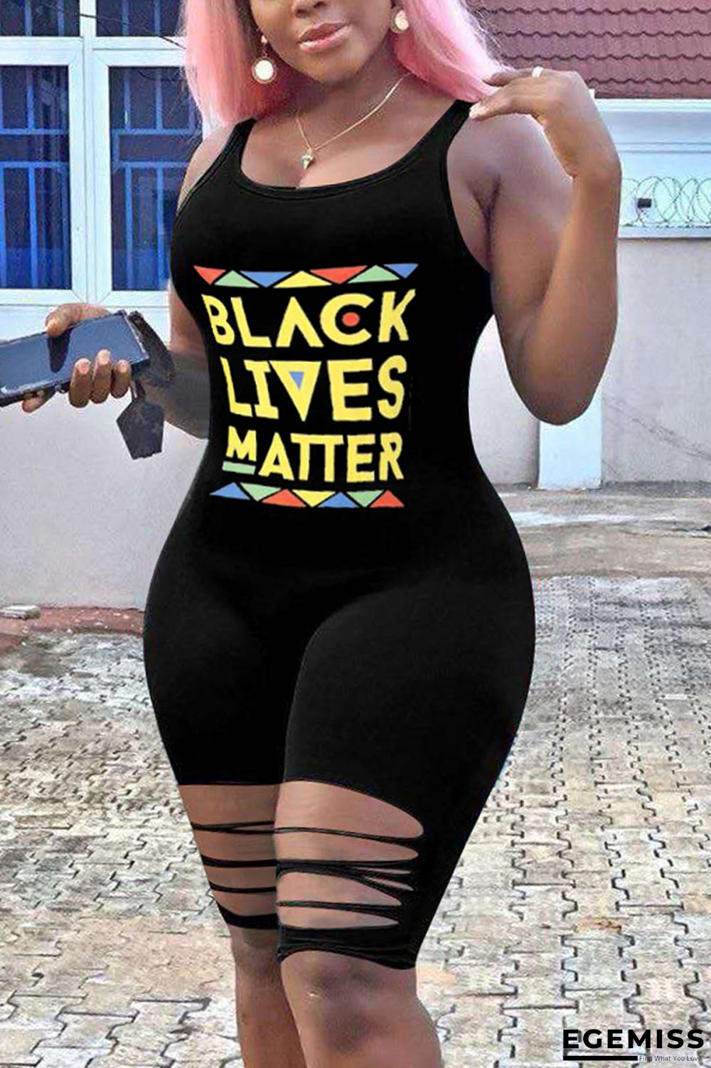 Black Fashion Sexy Printed Sleeveless Romper | EGEMISS