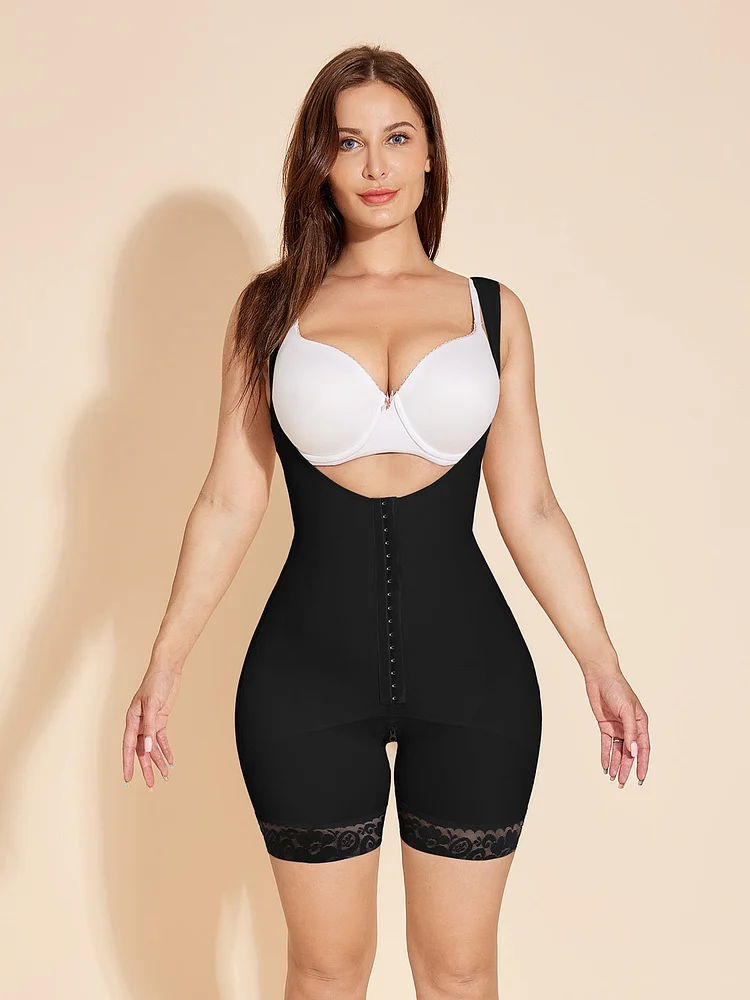 Open Bust Shapewear Tuck Postpartum Wrap Faja with Hook-Eye - Black