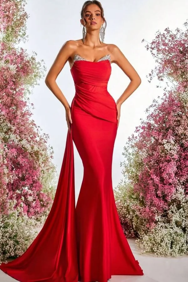 Classic Strapless Sleeveless Sequins Mermaid Prom Dress With Side Train YK0011