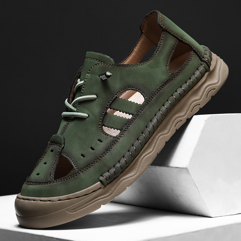 Arkget Shoes | Men's Leather Breathable Perforated Design Hand-Stitched Non-Slip Outdoor Walk Sandals