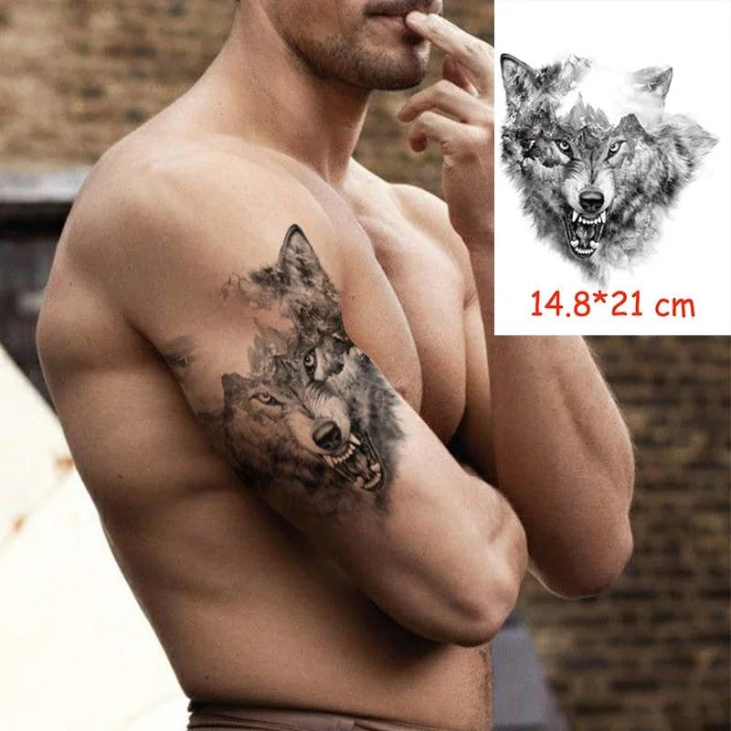 Waterproof Temporary Tattoo Sticker angry wolf mountain tatoo water transfer fake tatoo flash tatto Woman Man kid 14.8*21 cm