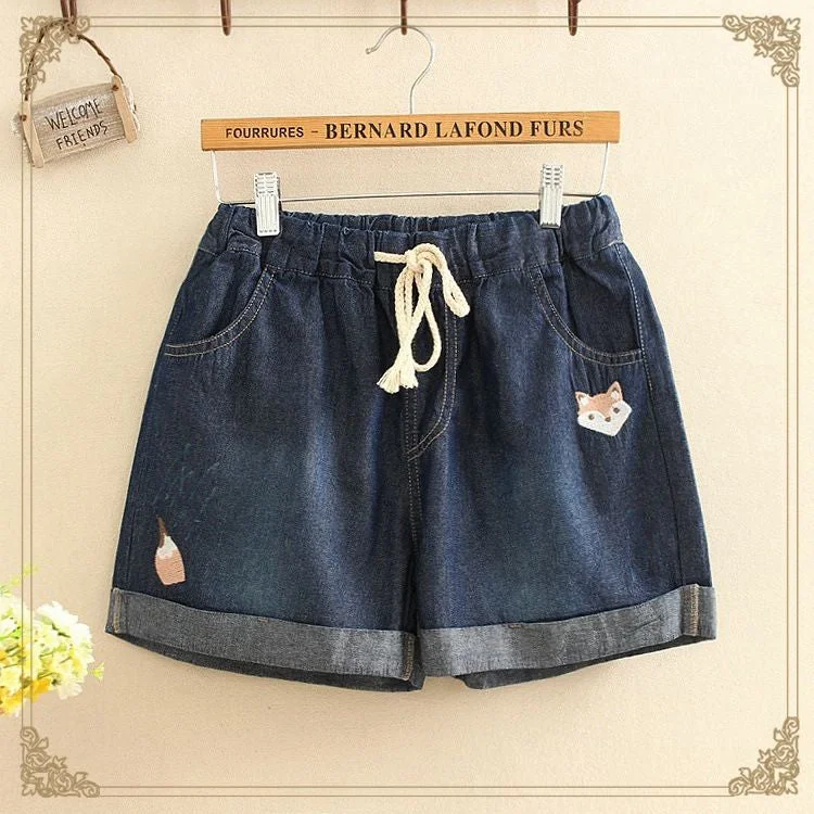Kawaii Embroidered Drawstring Denim Shorts YP733