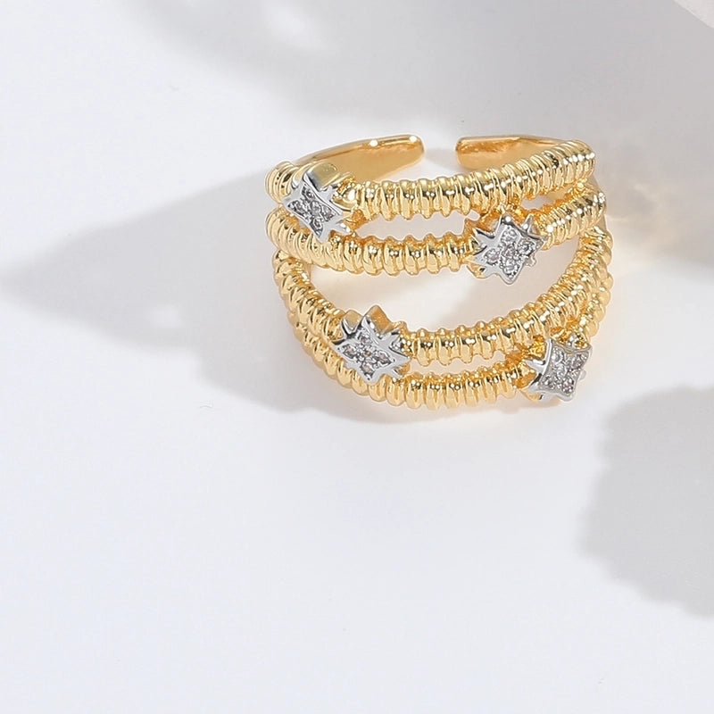 Copper 14K Gold Plated Inlay Geometric Zircon Open Rings