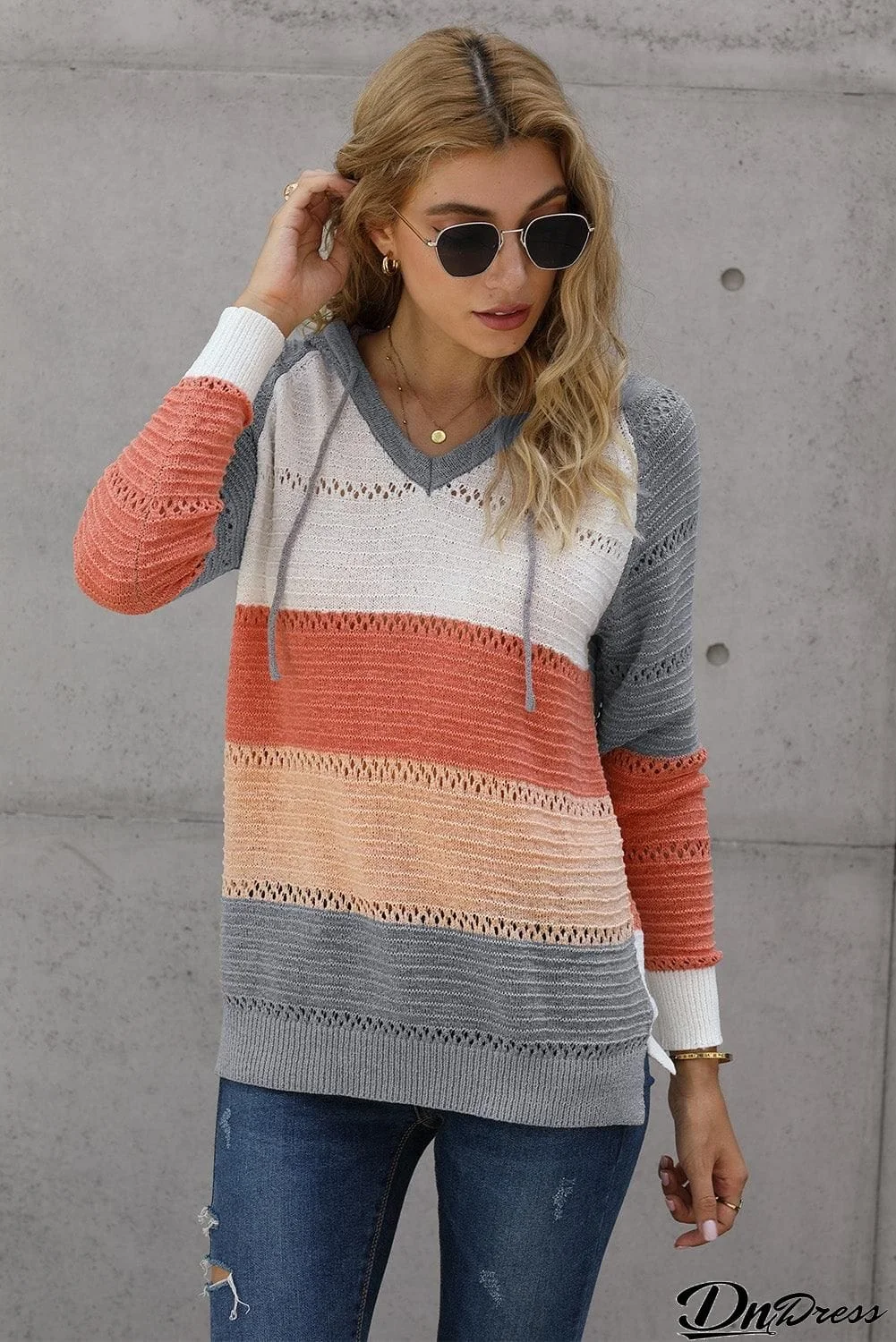 Full Size Color Block Knitted Hoodie