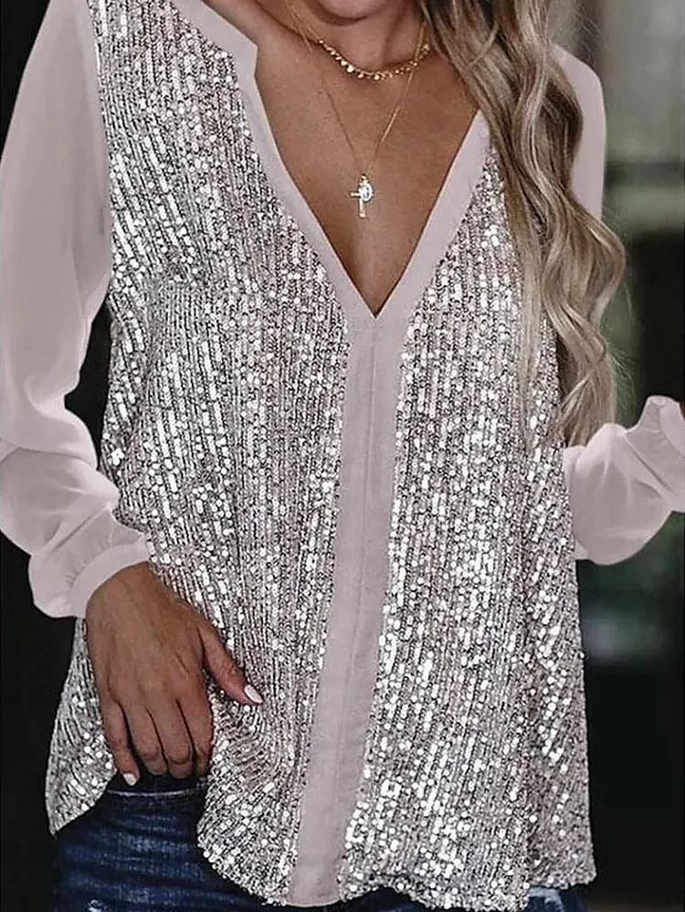Party Sequin Patchwork V Neck Long Sleeve Solid Blouse