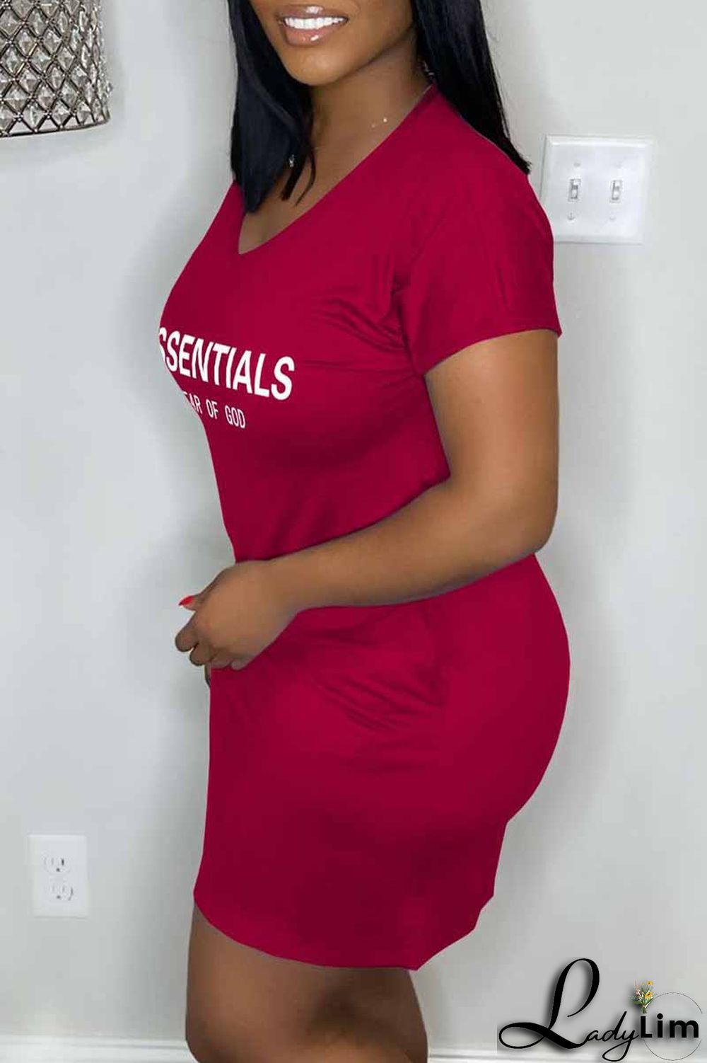 Burgundy Casual Print Letter V Neck A Line Dresses