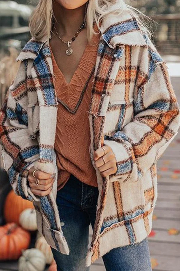 Beige Plaid Lapel Coat