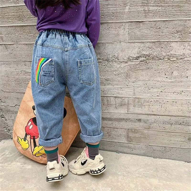 2-7T Jeans For Girls Toddler Kid Baby Clothes Rainbow Print Loose Denim Pants Elegant Sweet Spring Autumn Trousers Streetwear
