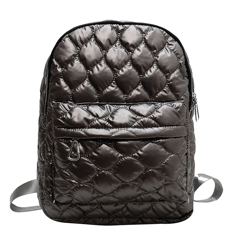 Fashion Quilted Nylon Backpack Rhombus Pattern Large Zip School Bagpack (Silver)