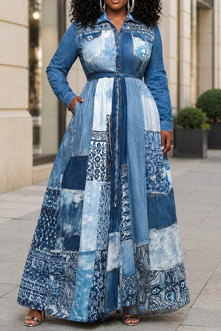 plus size maxi denim dresses Xpluswear Design Daily Blue Print Shirt Collar Long Sleeve Pocket [Pre-Order] casual denim long dress 7 Dinner Date Outfit fashiosarah this dress combines the Size:XXL-XXXL
