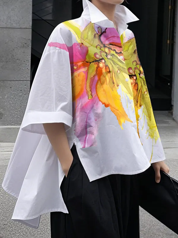 Split-side Flower Print Buttoned Loose High-low Stand Collar Blouses&shirts Tops WHITE-S