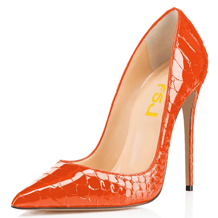 Stylish Orange Python Stiletto Heels Pointy Toe Office Pumps Shoes |FSJ Shoes