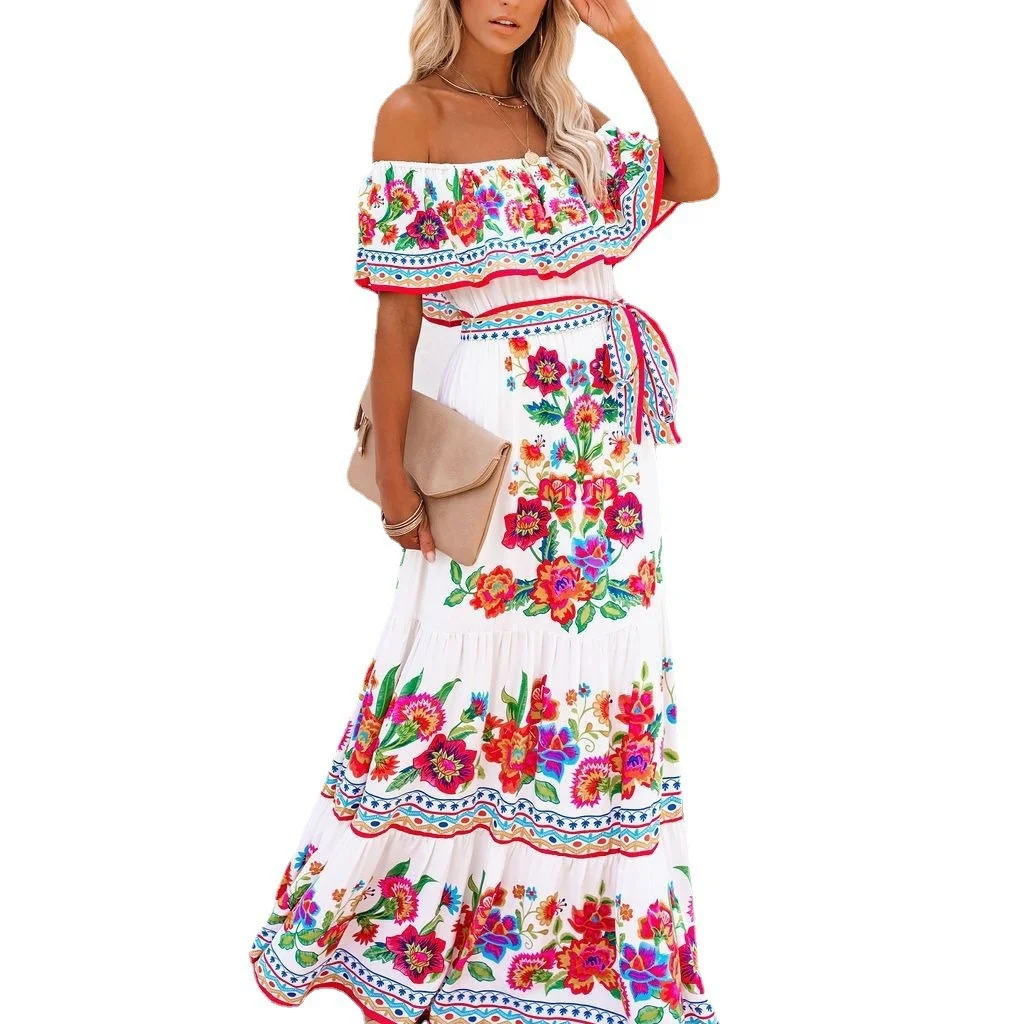 Uveng Uveng And Summer 2025 New Shoulder-To-Shoulder Red Flower Printing Long Dress