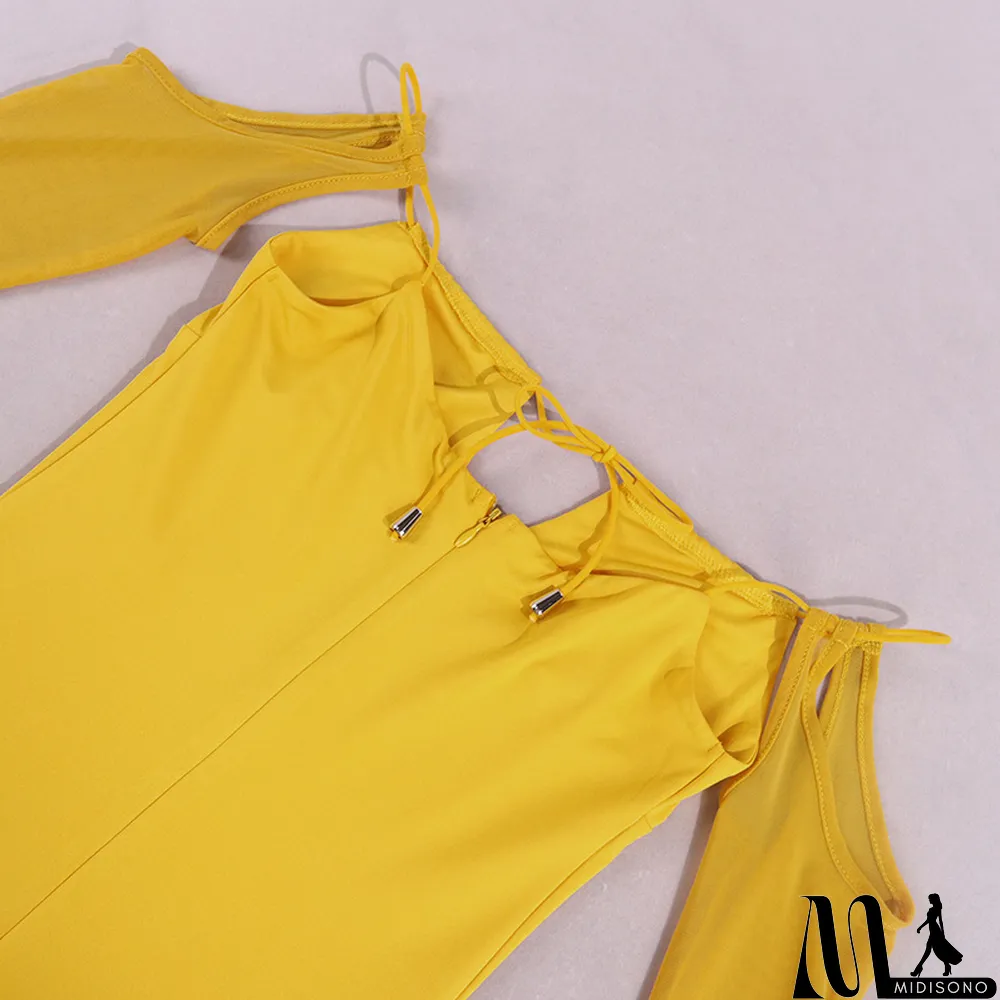 MidiSono - Women Long Sleeve Lace Up Hollow Out Long Sleeve Dress