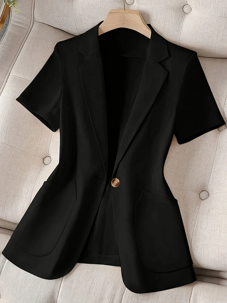 Lightweight Summer Black Women's Casual Short Sleeve Jacket | Single-Breasted Asymmetrical Pocket Loose Fit Solid Color Office & Casual Attire, Machine Washable
